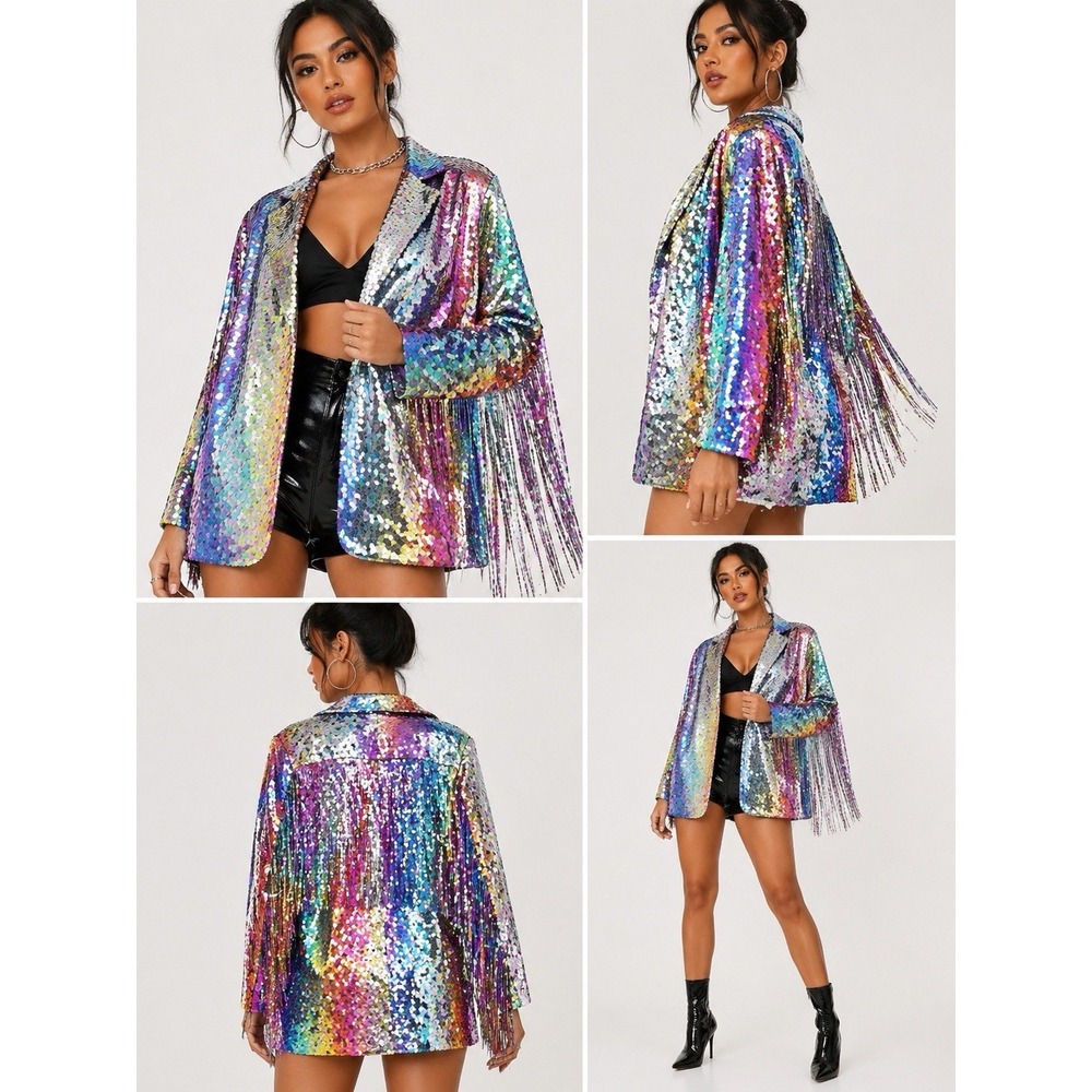 Nastygal Premium Sequin Fringe Blazer Rainbow Multicolor Jacket Womens US 14 NWT